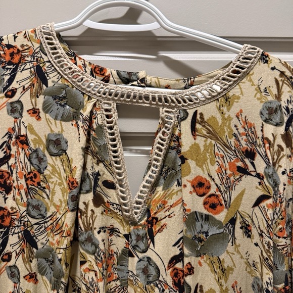Umgee USA Boho Floral Peasant Blouse Womens Large Crochet Neck Tunic 3/4 Sleeve - Picture 2 of 11